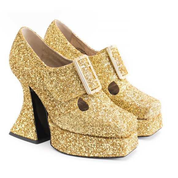 John Fluevog Gold Mega Munster Original Baroque Platform Heels - Picture 1 of 16